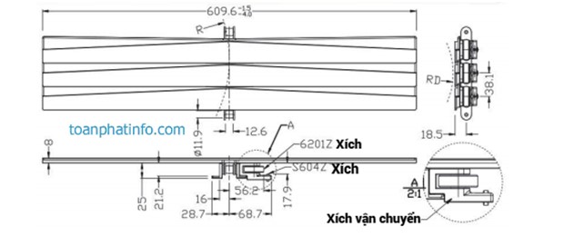 Xích tải cong liền mạch kiểu khóa dòng 3873 có vòng bi