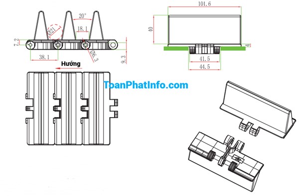 Xích tải thẳng đơn khớp dòng 820-DB có vách chặn