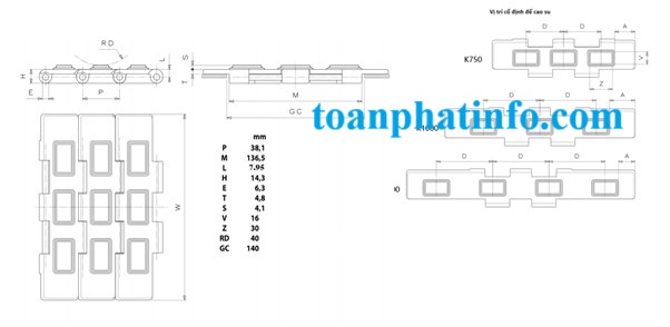 Xích tải thẳng hai khớp HF821 có cao su