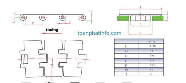 Xích tải phẳng cong từ tính inox dòng 881M