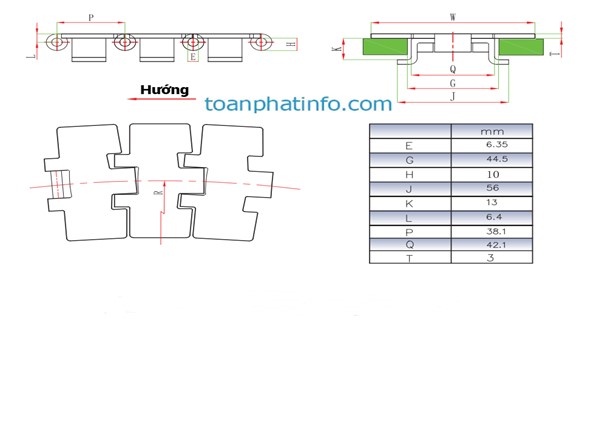 Xích tải phẳng cong inox không dẫn hướng dòng 881TAB